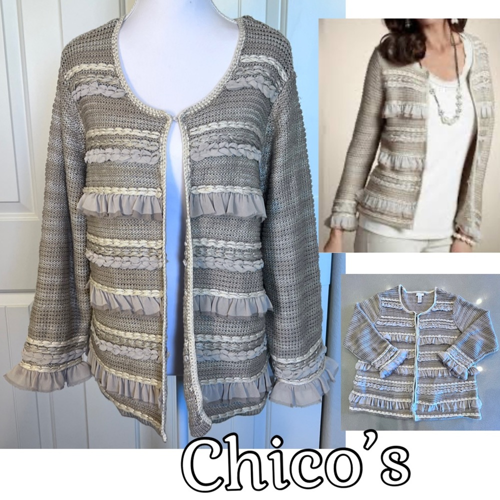 Chico's Ravishing Ruffles beige tiered cardigan sweater Sz 3 XL/16